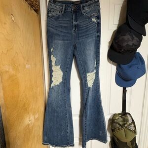 Judy Blue Distressed Wide Leg Jeans - Dark Blue